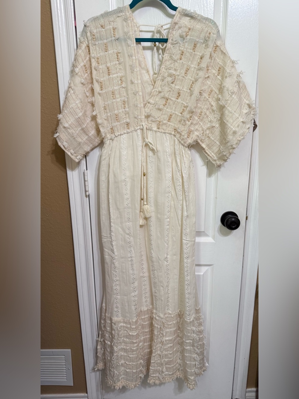 H058 New POL L ptp 17-20 Ivory Boho Maxi Dress with Tassel Tie Beautiful - Picture 7 of 16